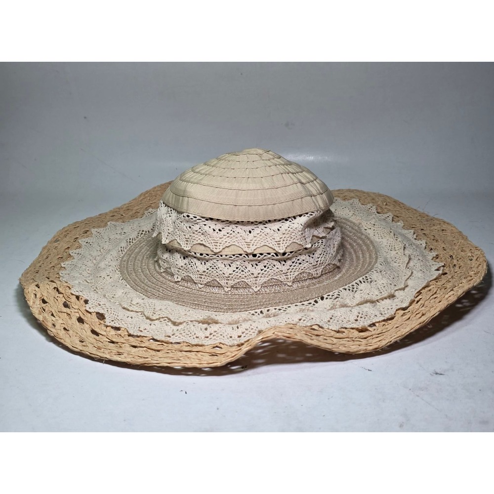 Hopeless Romantic Lace Trim Raffia Sun Hat Tan Floppy Wide Brim Boho Beach Hat